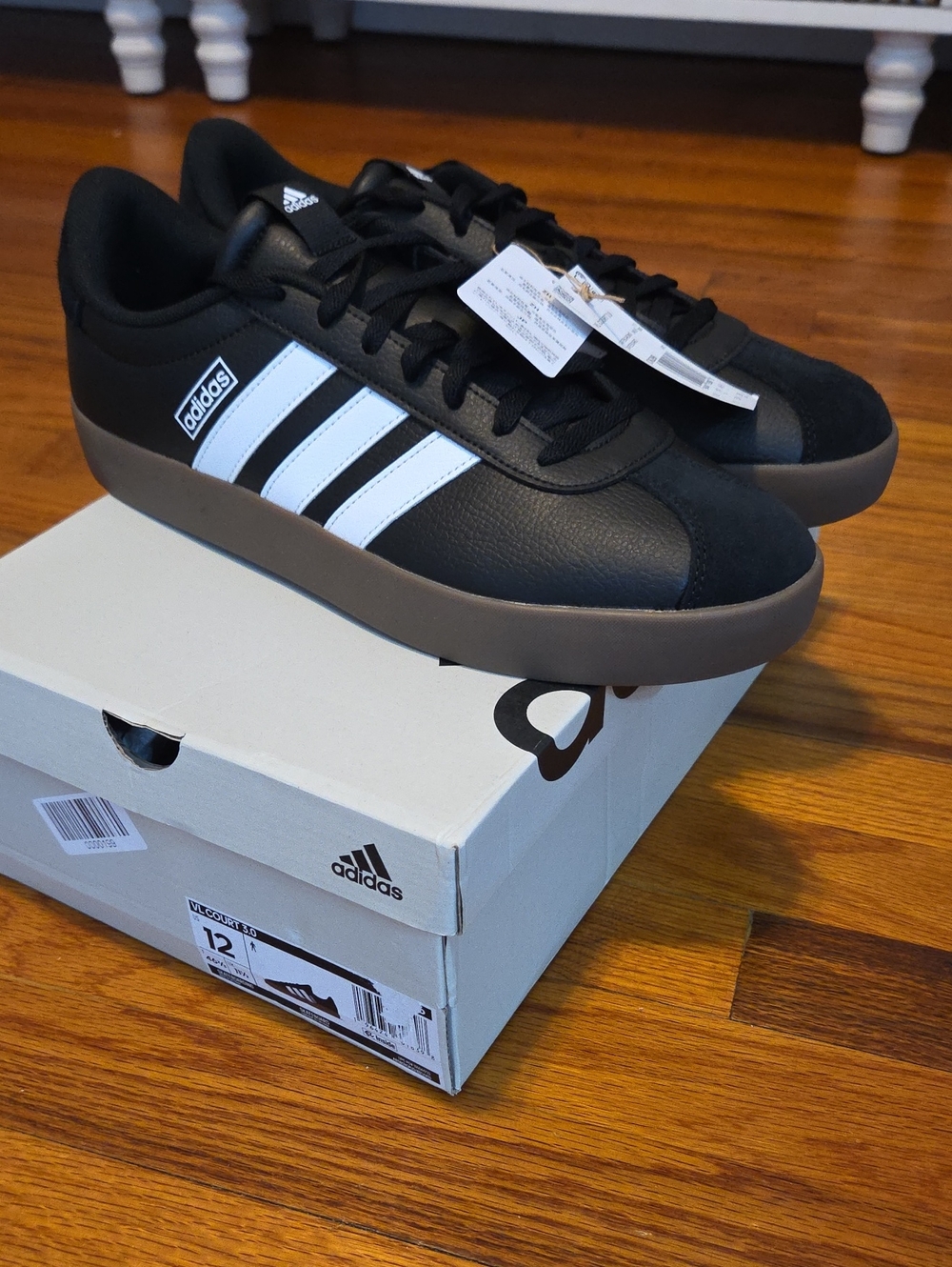 adidas Size 12 VL Court 3.0 Black White Sneakers with Brown-Gum Sole